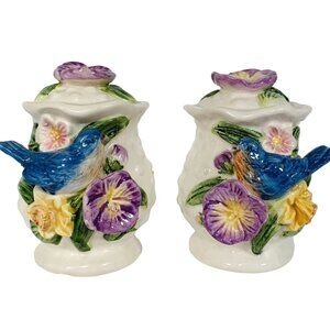 Bluebird Pansies Salt Pepper Shakers VTG Hobnail 3D Ceramic Cottage Tableware